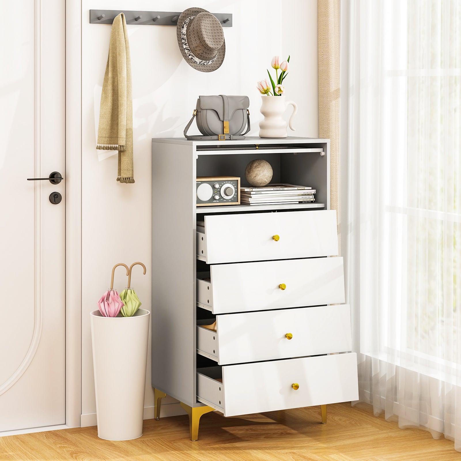 Modern Storage Cabinet, 4 Drawer, Flip Up Fluted Glass Door, Gray and White Cabinets & Chests at Gallery Canada