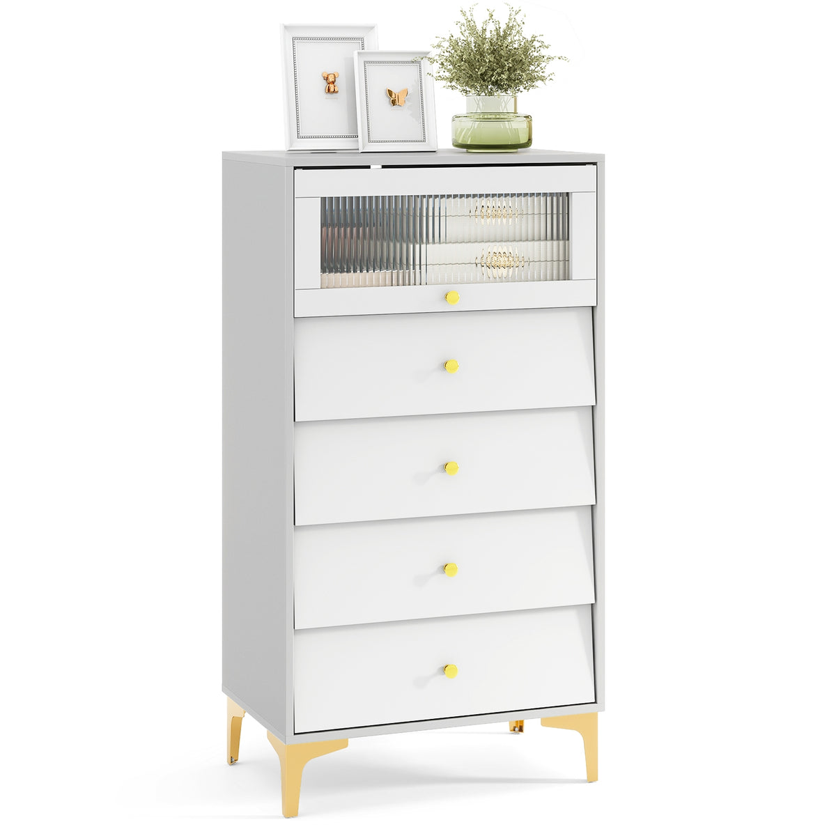 Modern Storage Cabinet, 4 Drawer, Flip Up Fluted Glass Door, Gray and White Cabinets & Chests at Gallery Canada
