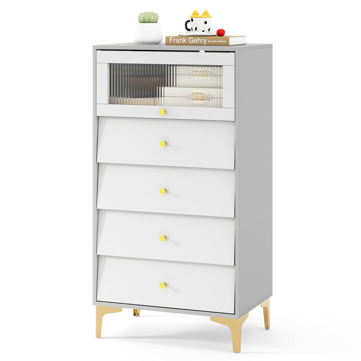 Modern Storage Cabinet, 4 Drawer, Flip Up Fluted Glass Door, Gray and White Cabinets & Chests at Gallery Canada