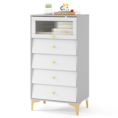 Modern Storage Cabinet, 4 Drawer, Flip Up Fluted Glass Door, Gray and White Cabinets & Chests at Gallery Canada