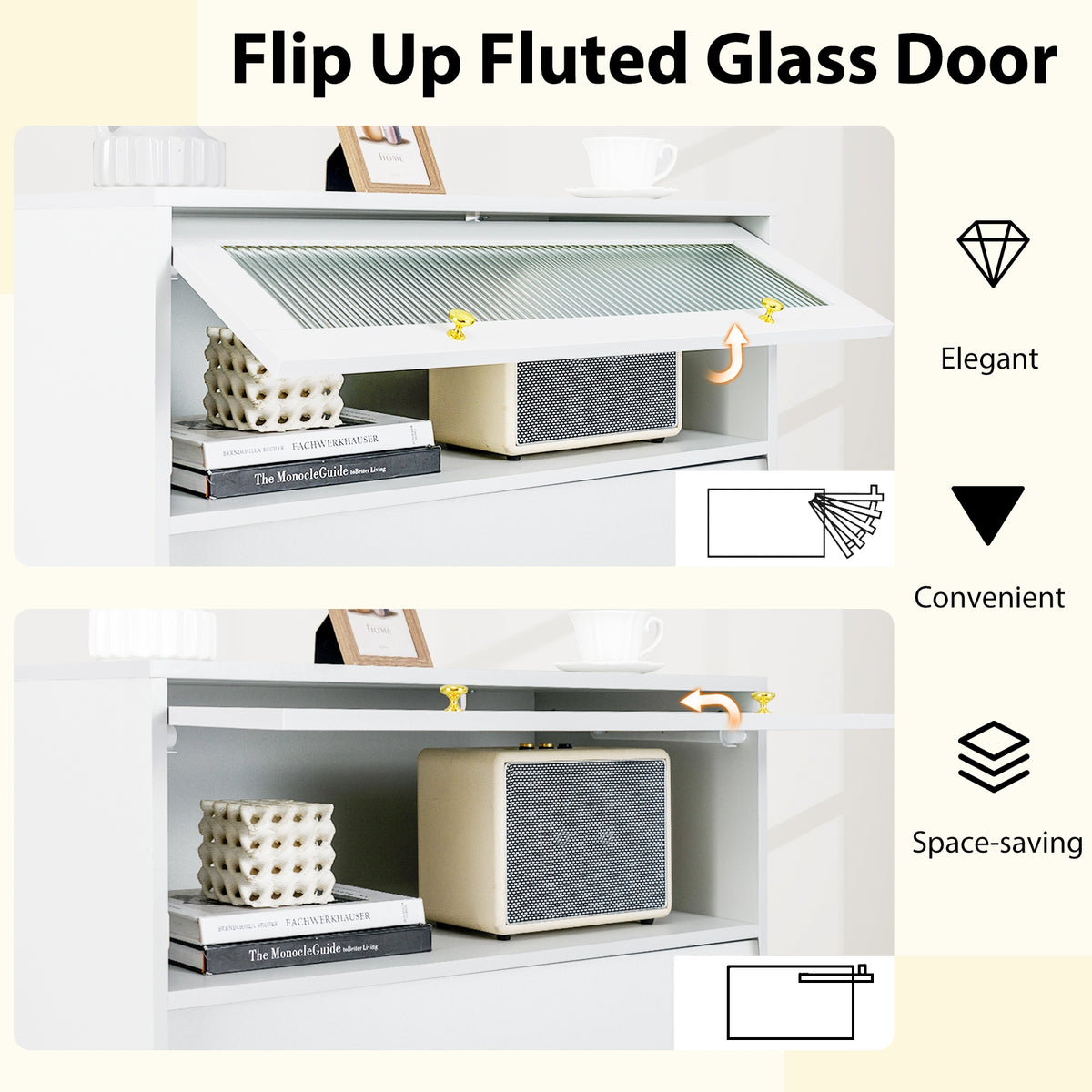 Modern Storage Cabinet, 4 Drawer, Flip Up Fluted Glass Door, Gray and White Cabinets & Chests at Gallery Canada