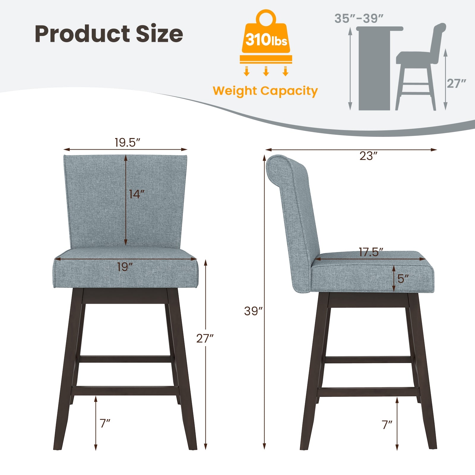 27 Inch Counter Height Bar Chairs, Rubber Wood Legs, Set of 2, Gray Patio Bar Furniture at Gallery Canada