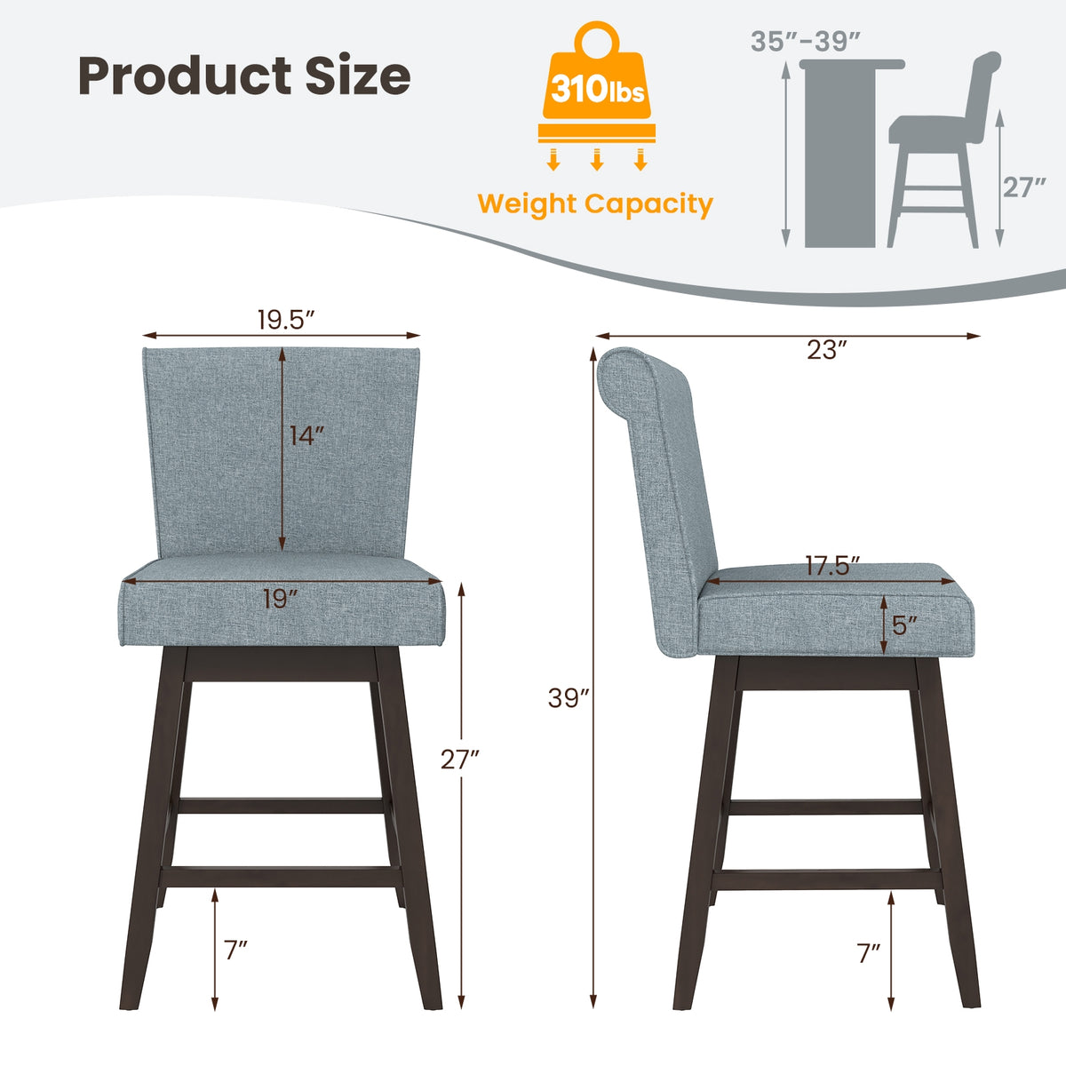 27 Inch Counter Height Bar Chairs, Rubber Wood Legs, Set of 2, Gray Patio Bar Furniture at Gallery Canada