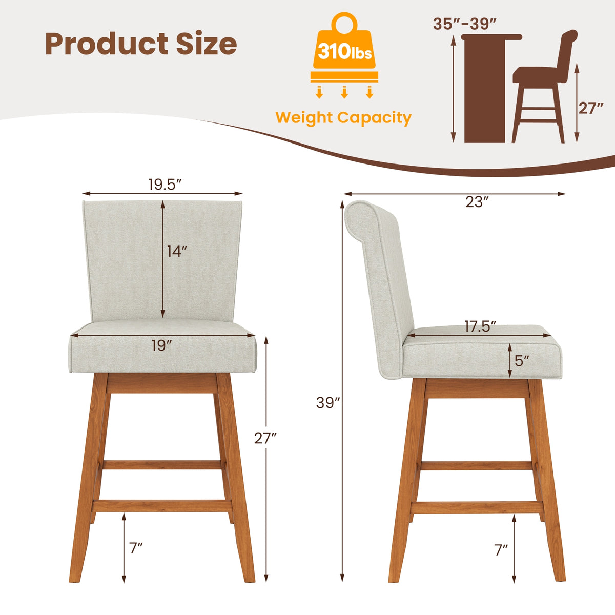 27 Inch Counter Height Bar Chairs, Set of 2, Rubber Wood Legs, Beige Patio Bar Furniture at Gallery Canada