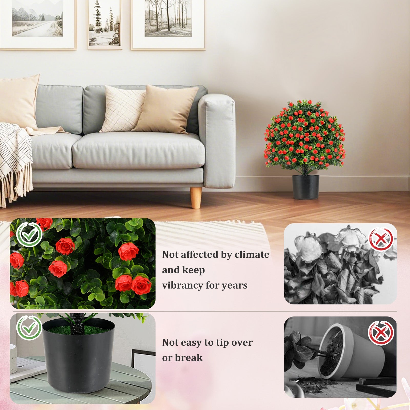 2 Pack Artificial Rose Topiary Ball Tree, Red Faux Plants at Gallery Canada