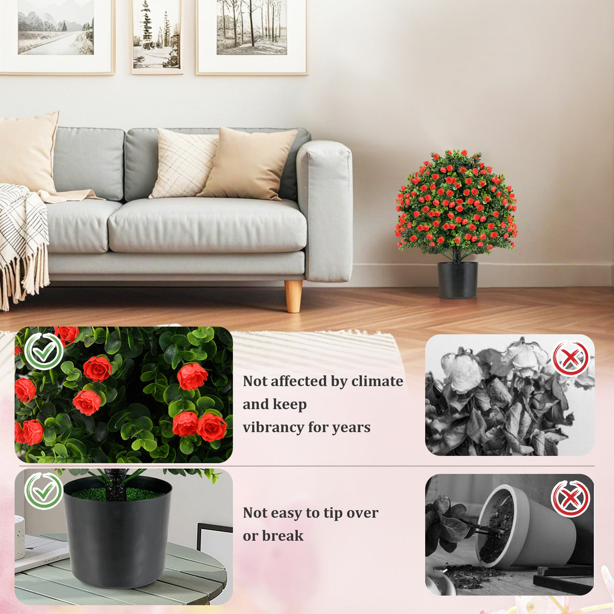 2 Pack Artificial Rose Topiary Ball Tree, Red Faux Plants at Gallery Canada