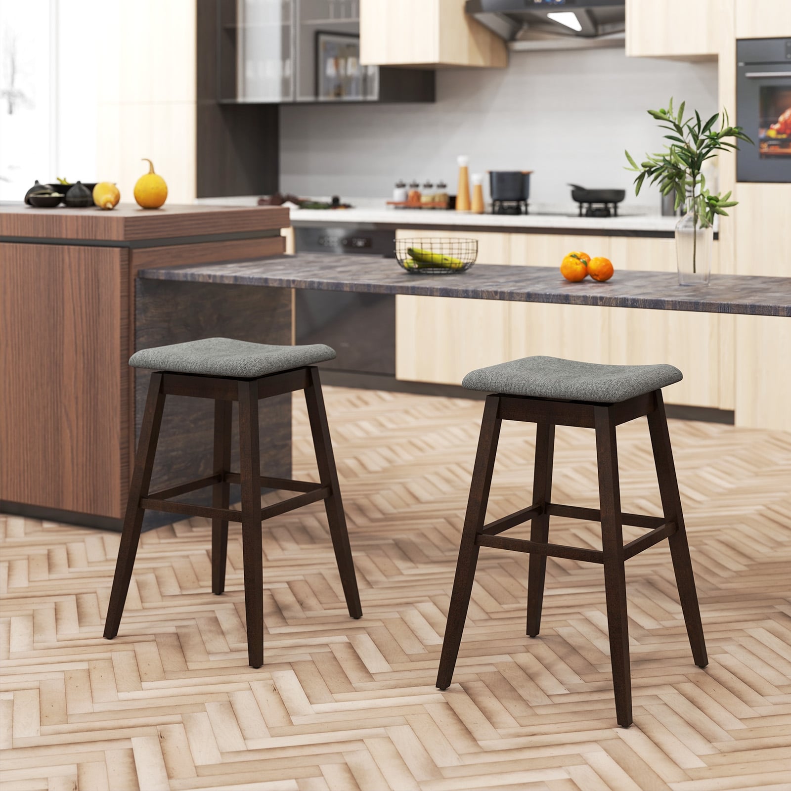 Swivel Bar Stools Set of 2, Footrest, Rubber Wood Legs, Brown Bar Stools at Gallery Canada