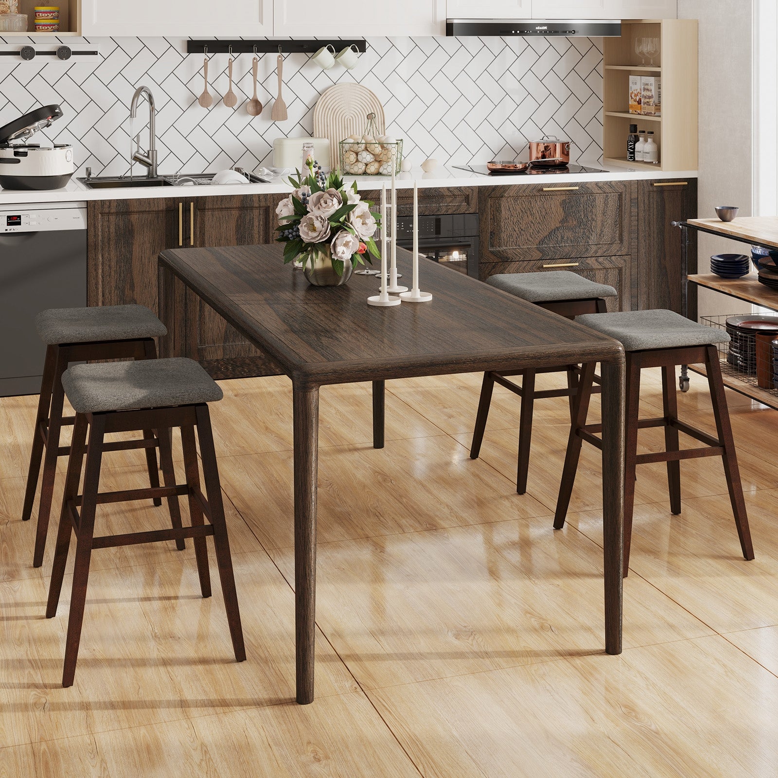 Swivel Bar Stools Set of 2, Footrest, Rubber Wood Legs, Brown Bar Stools at Gallery Canada
