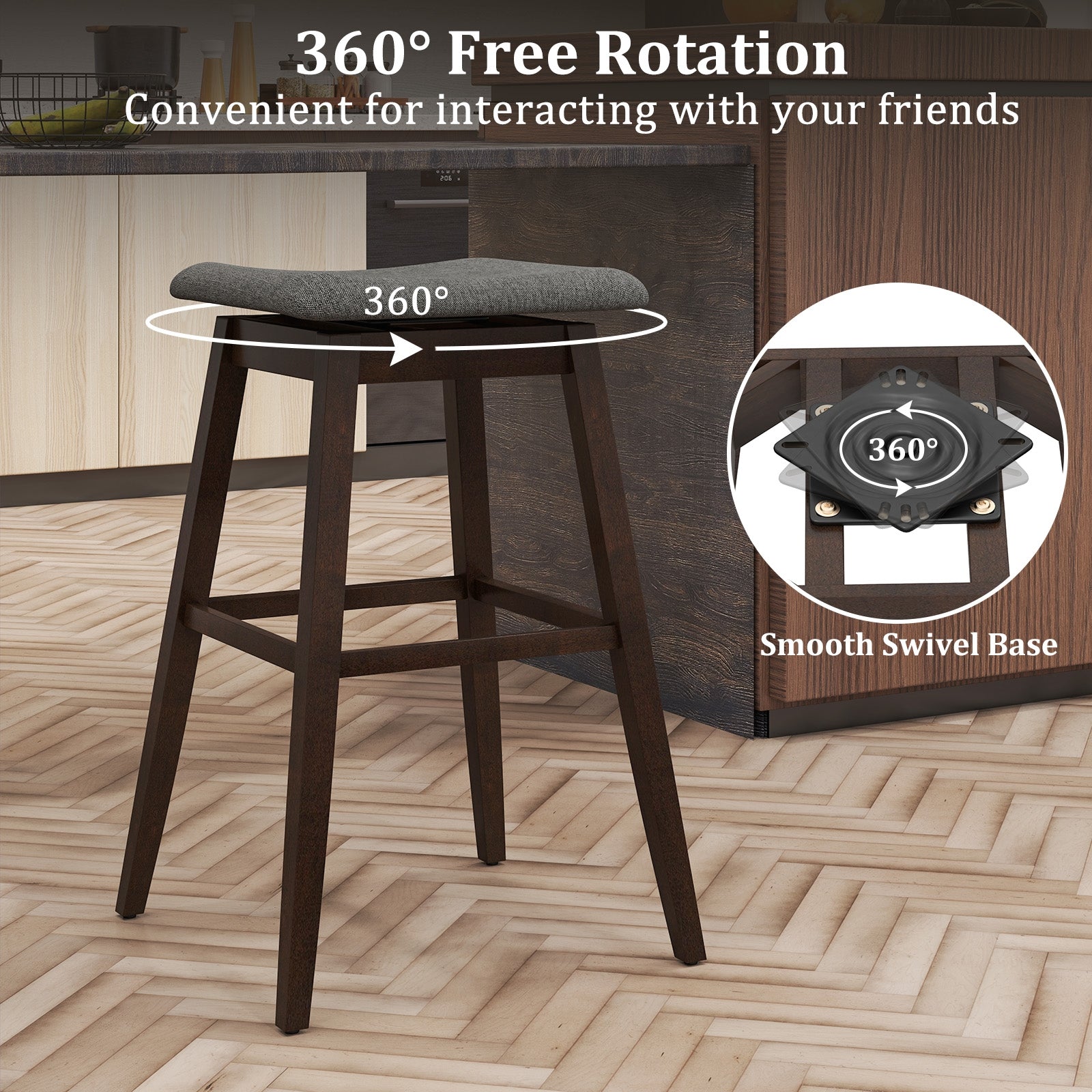 Swivel Bar Stools Set of 2, Footrest, Rubber Wood Legs, Brown Bar Stools at Gallery Canada