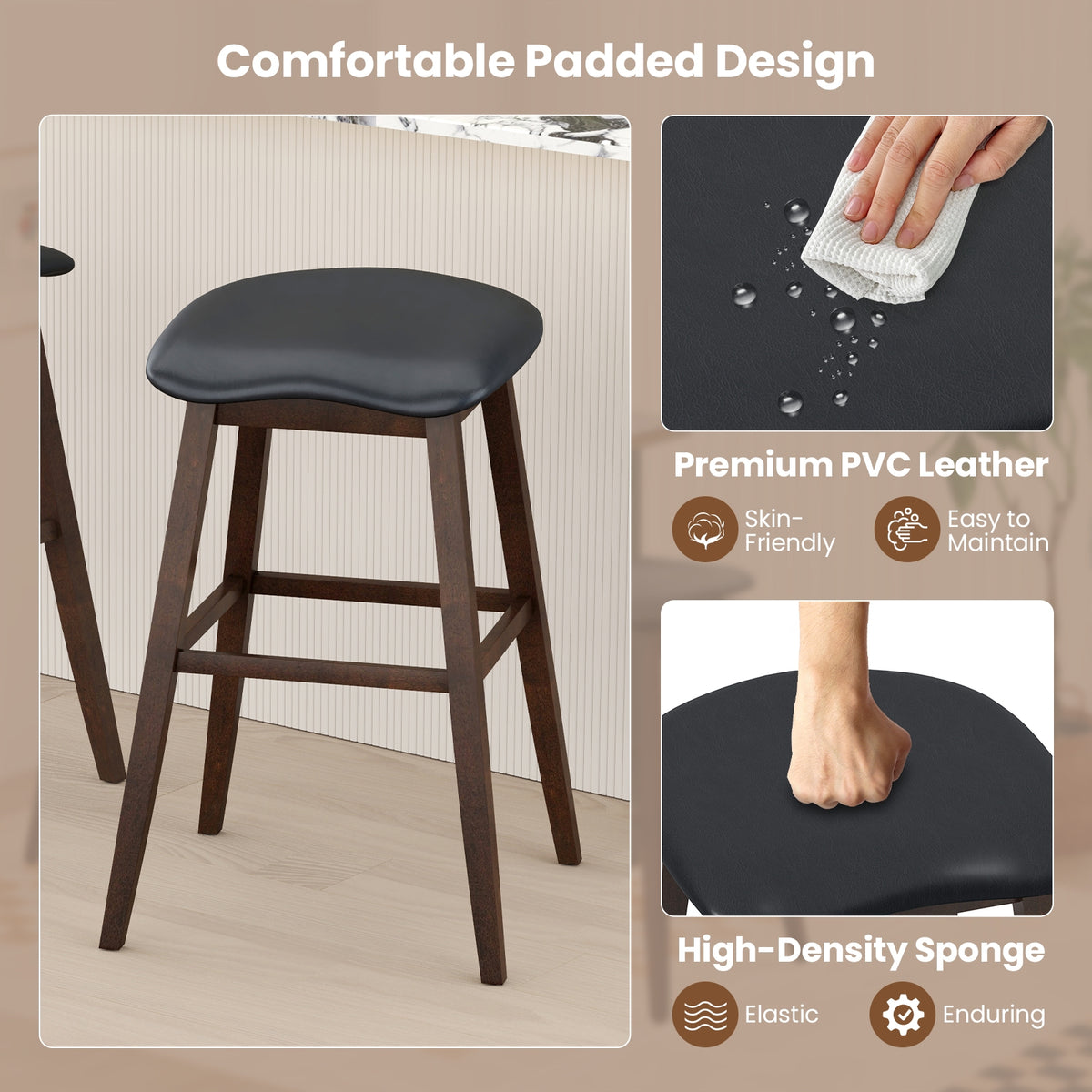 Swivel Bar Stools Set of 2, Padded Seat with Footrest, Brown Bar Stools at Gallery Canada