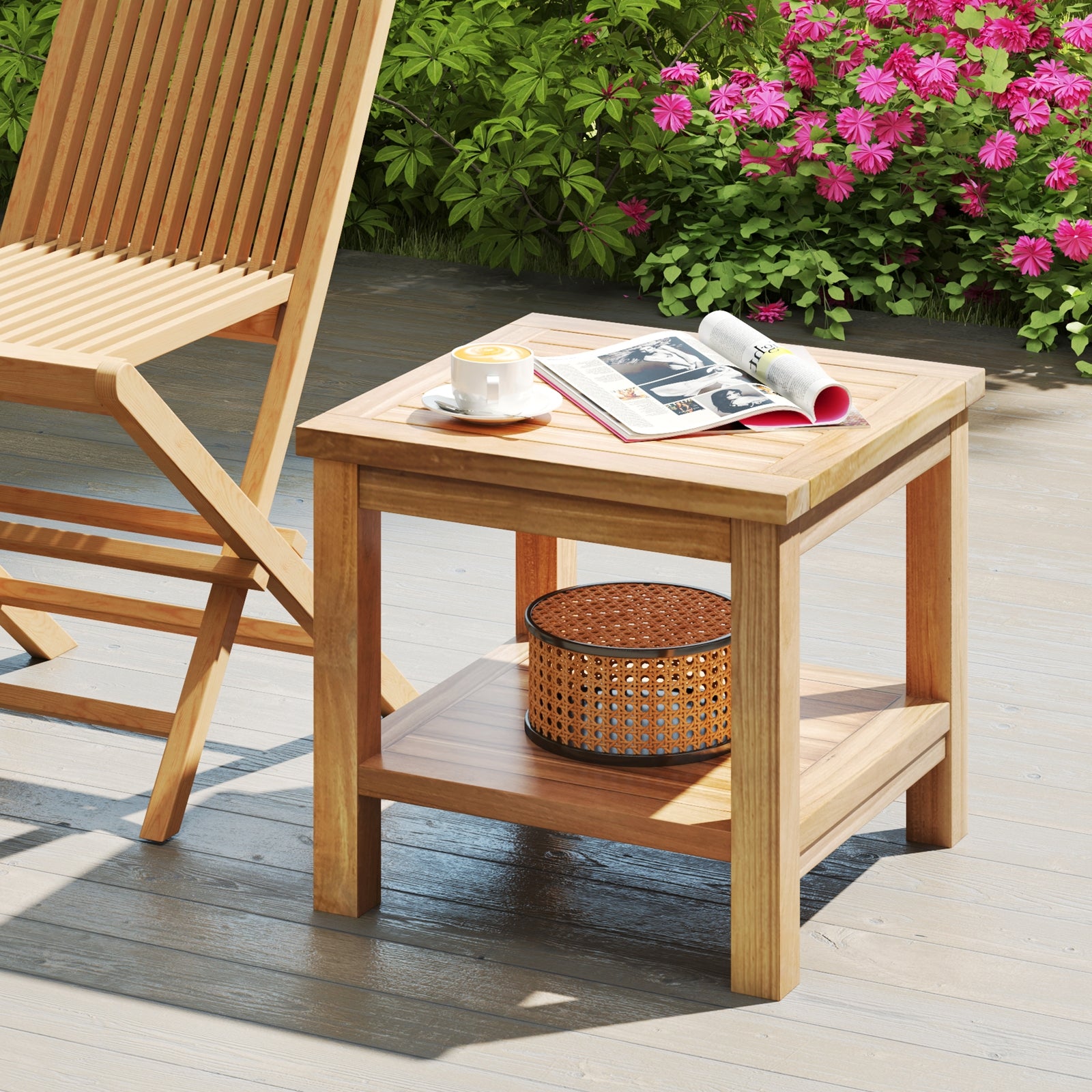 Teak Wood Square Side Table, Open Shelf, Natural Patio Coffee Tables at Gallery Canada