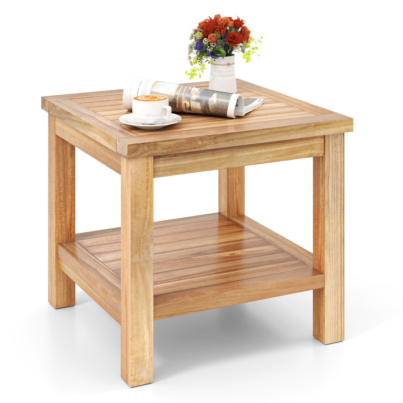 Teak Wood Square Side Table, Open Shelf, Natural Patio Coffee Tables Natural at Gallery Canada