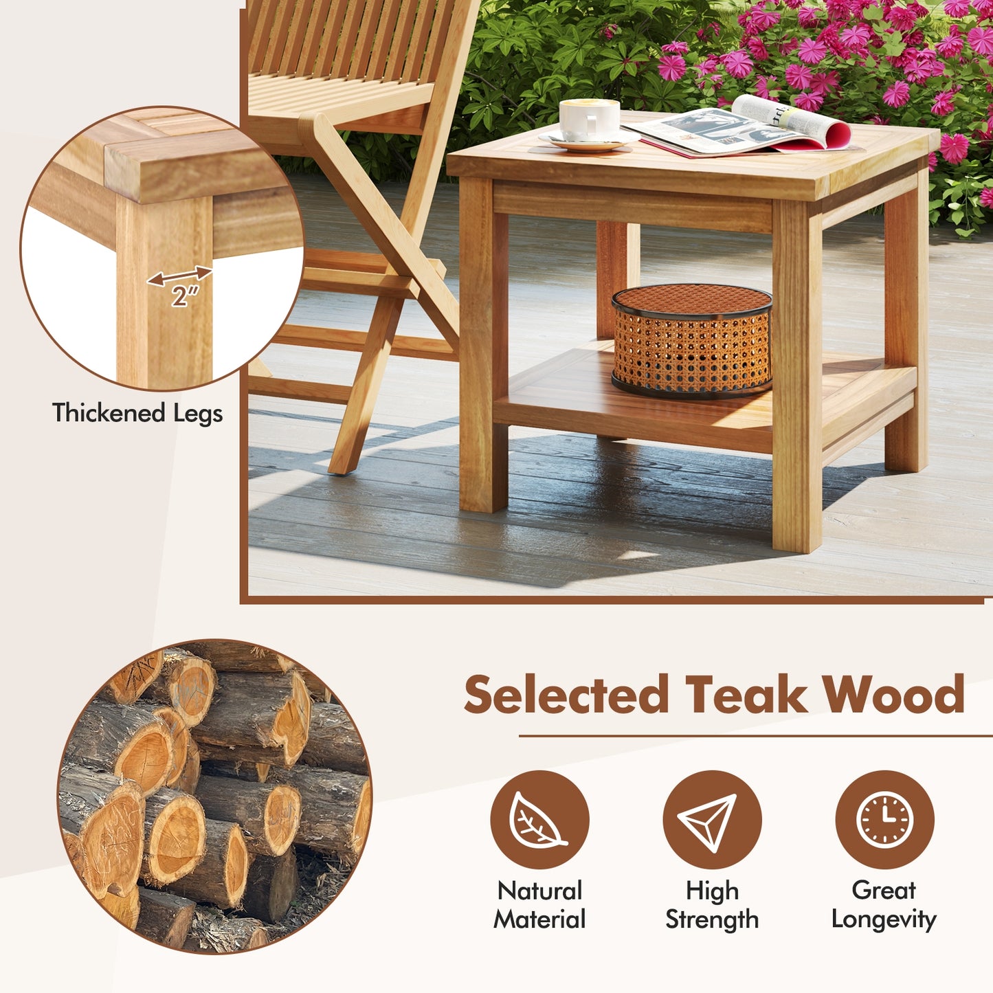 Teak Wood Square Side Table, Open Shelf, Natural Patio Coffee Tables at Gallery Canada