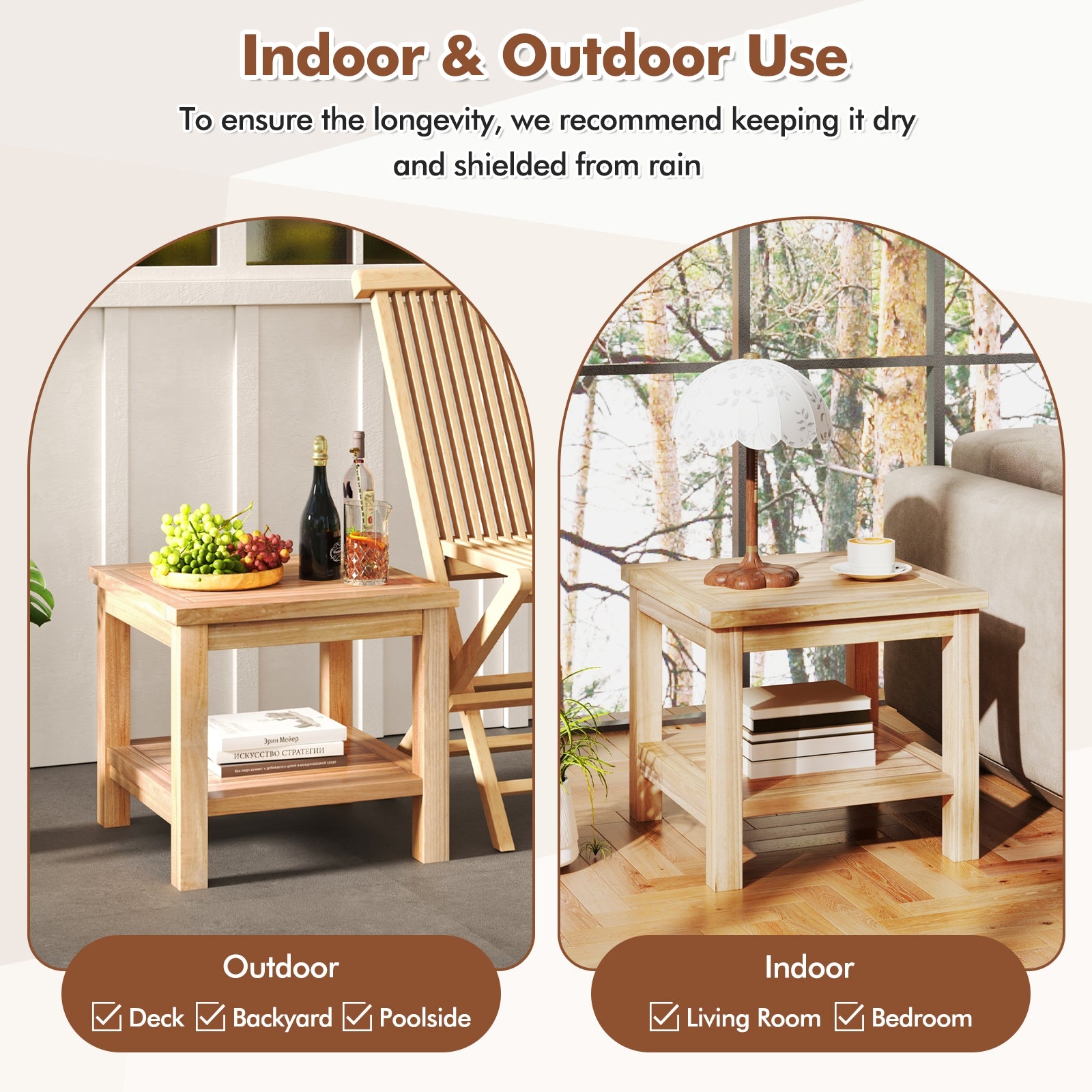 Teak Wood Square Side Table, Open Shelf, Natural Patio Coffee Tables at Gallery Canada