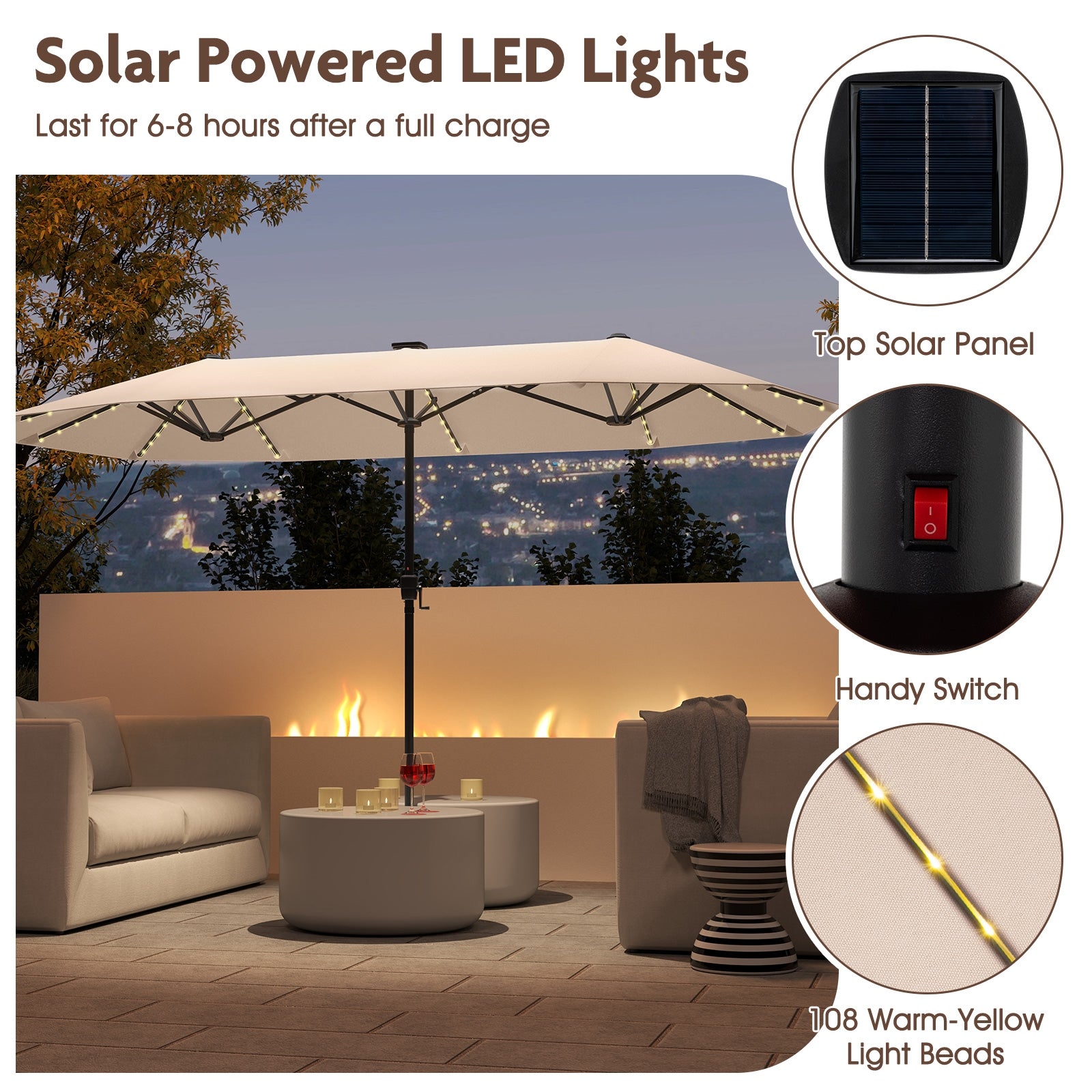 13 FT Patio Umbrella With LED Solar Lights, Crank Handle, Beige Outdoor Umbrellas at Gallery Canada