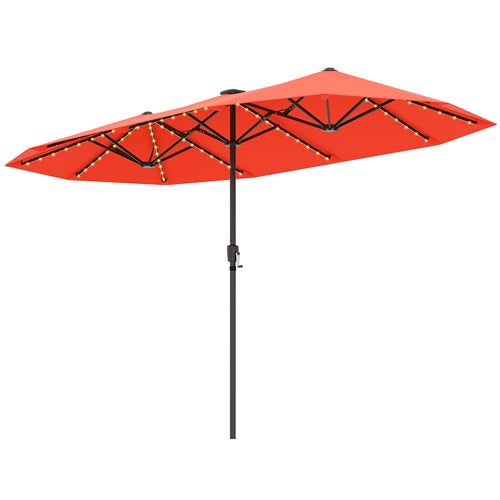 13 FT Patio Umbrella, LED Solar Lights, Crank Handle, Orange