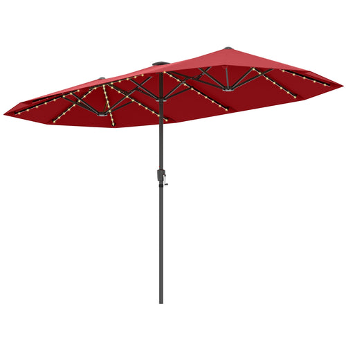 13 FT Large Patio Umbrella, LED Solar Lights, Crank Handle, Red