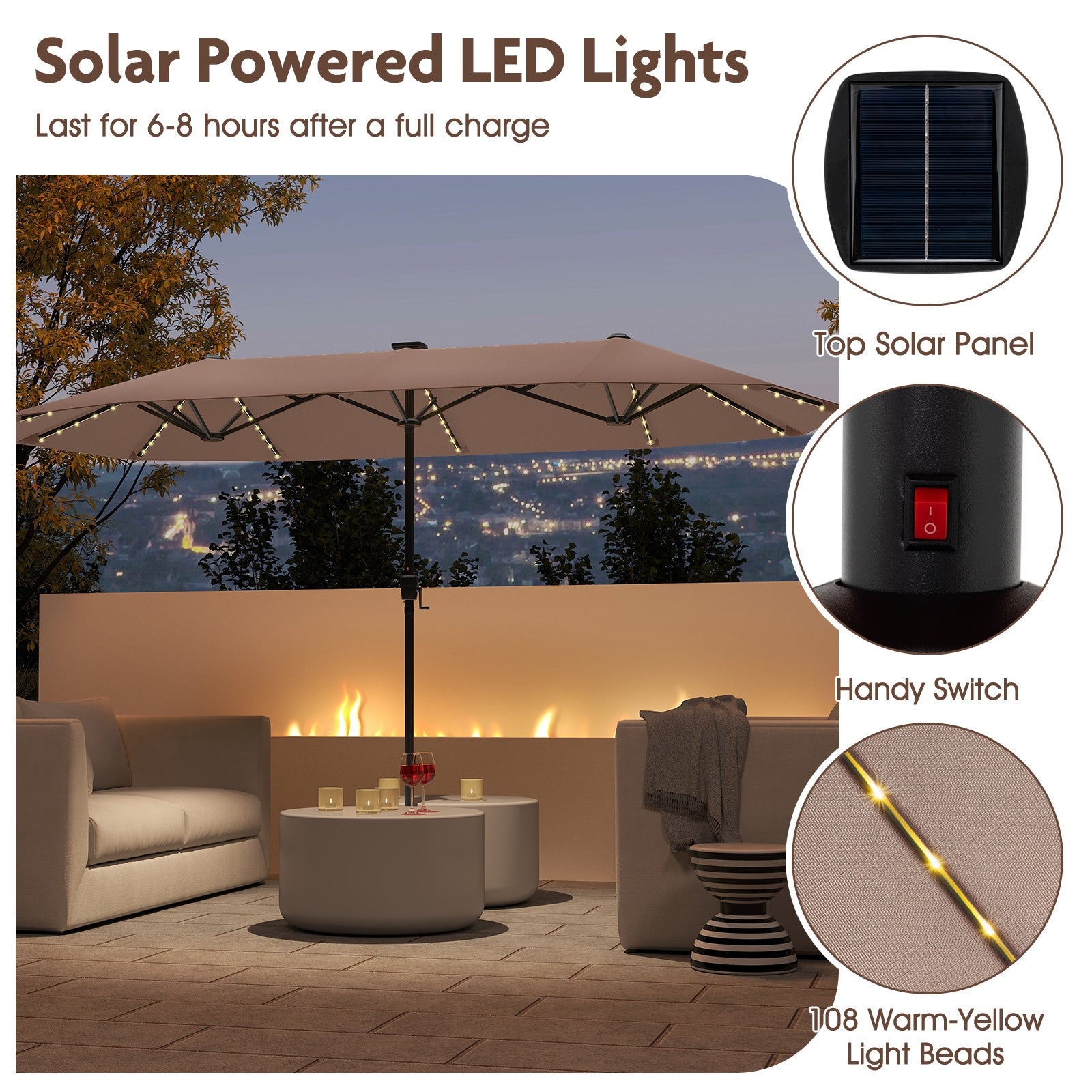13 FT Patio Umbrella With LED Solar Lights, Crank Handle, Coffee Outdoor Umbrellas at Gallery Canada