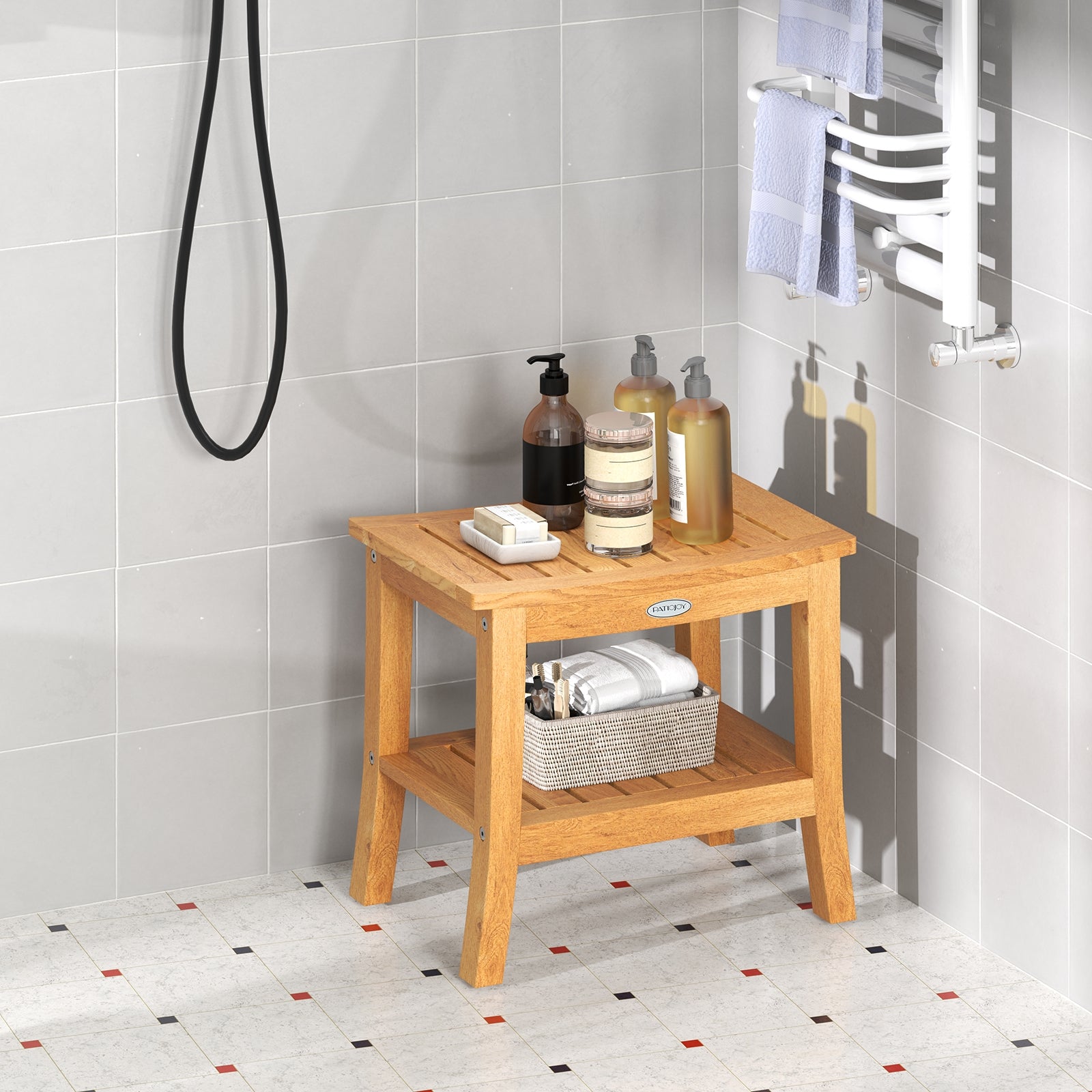 20 Inch Non-Slip Shower Bench, Storage Shelf, Curved Top, Natural Bath Safety at Gallery Canada