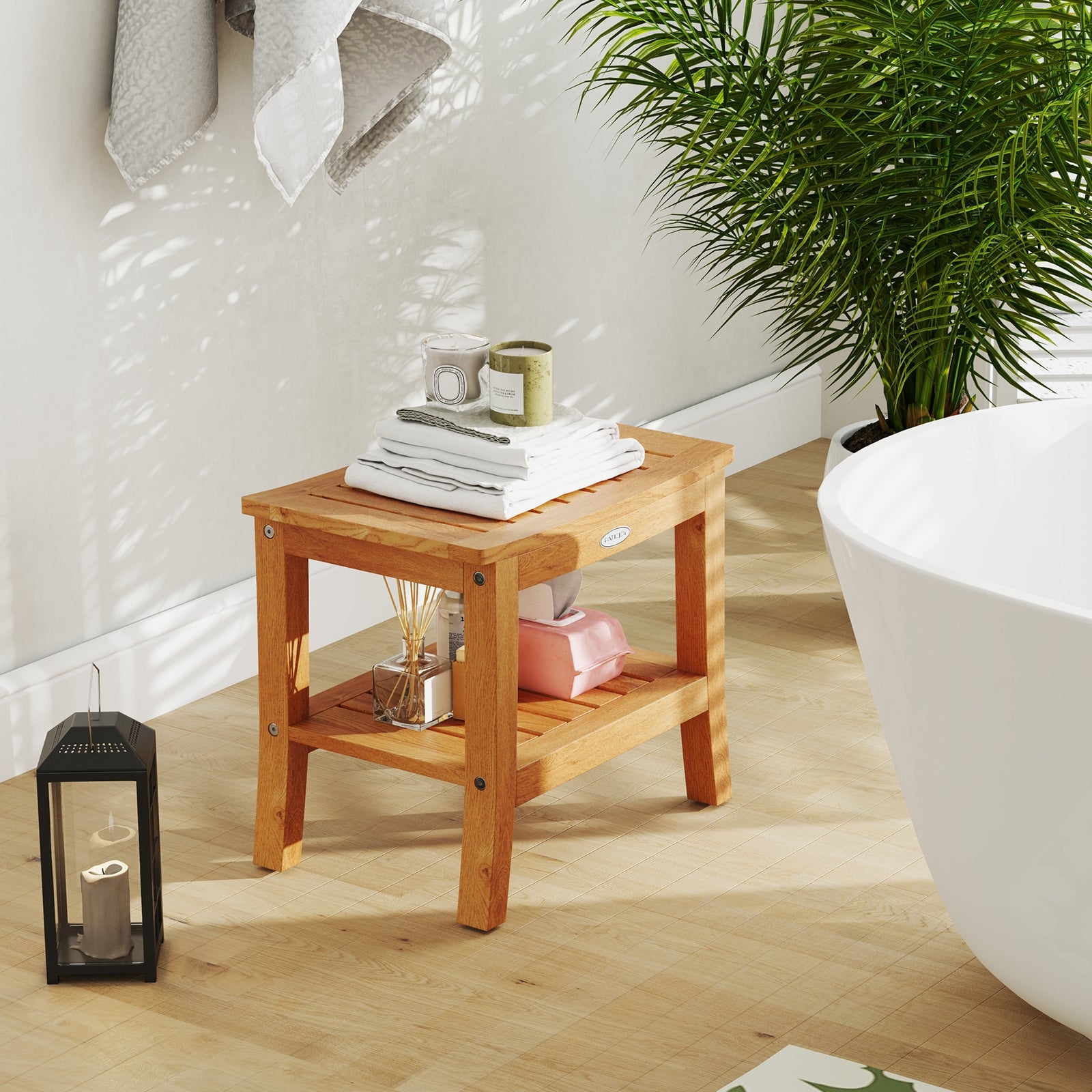 20 Inch Non-Slip Shower Bench, Storage Shelf, Curved Top, Natural Bath Safety at Gallery Canada