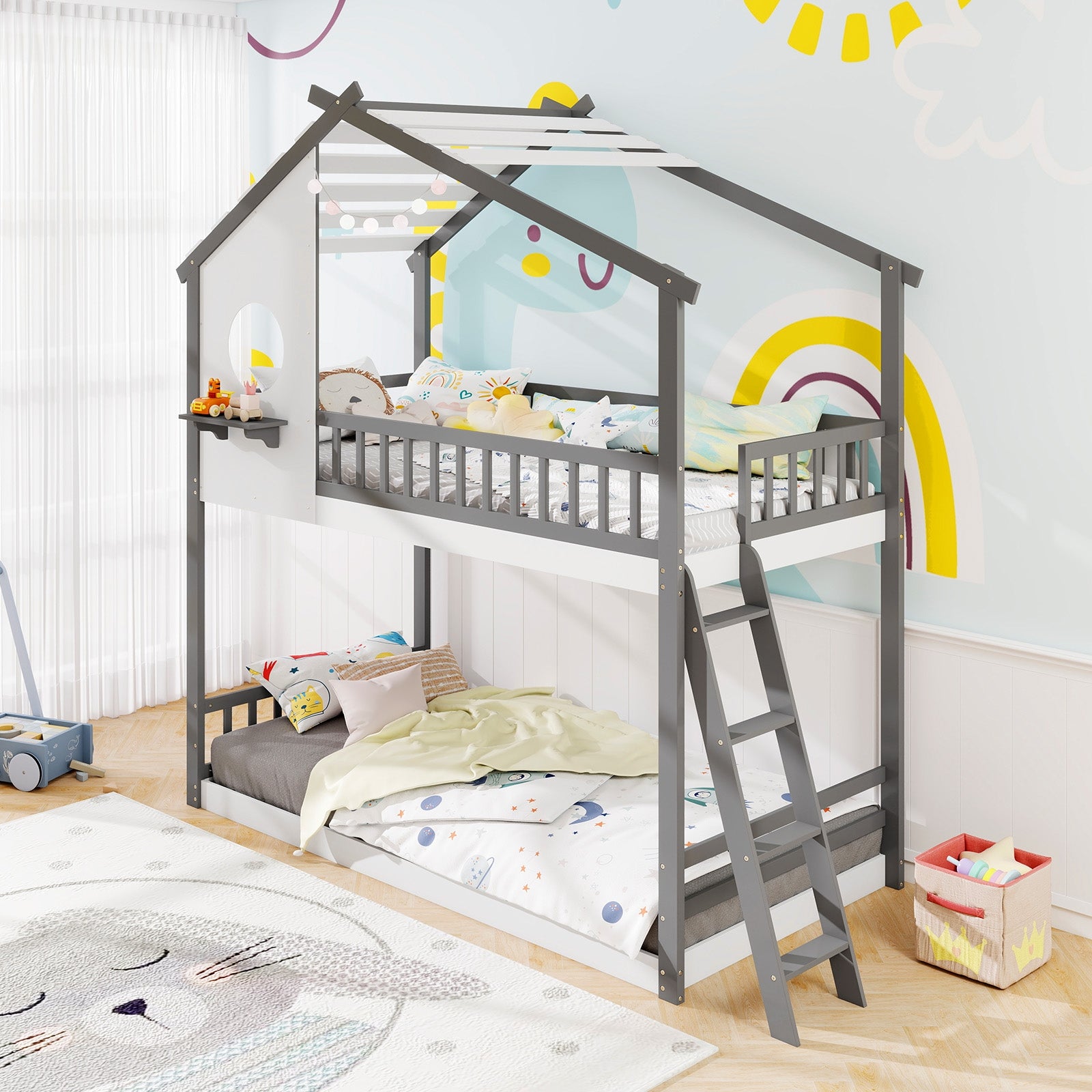 Twin Over Twin House Bunk Bed With Roof, Guardrails, White Gray Bunk Bed Frame at Gallery Canada