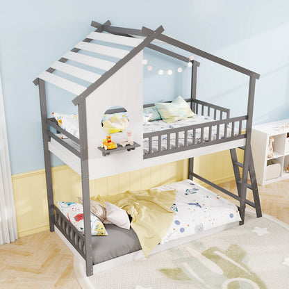 Twin Over Twin House Bunk Bed With Roof, Guardrails, White Gray Bunk Bed Frame at Gallery Canada