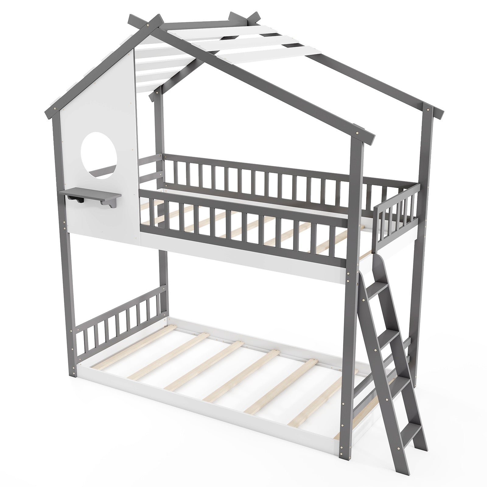 Twin Over Twin House Bunk Bed With Roof, Guardrails, White Gray Bunk Bed Frame Gray & White at Gallery Canada