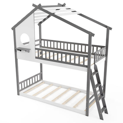 Twin Over Twin House Bunk Bed With Roof, Guardrails, White Gray Bunk Bed Frame Gray & White at Gallery Canada