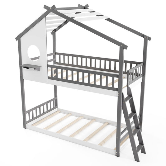 Twin Over Twin House Bunk Bed With Roof, Guardrails, White Gray Bunk Bed Frame Gray & White at Gallery Canada