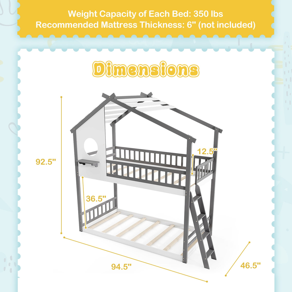 Twin Over Twin House Bunk Bed With Roof, Guardrails, White Gray Bunk Bed Frame at Gallery Canada