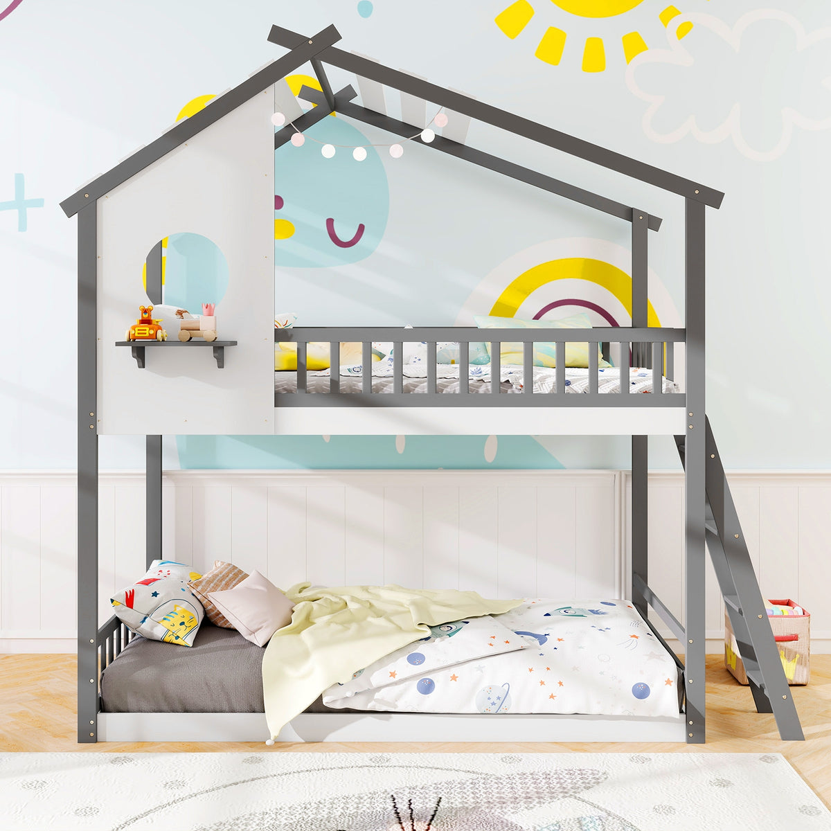 Twin Over Twin House Bunk Bed With Roof, Guardrails, White Gray Bunk Bed Frame at Gallery Canada