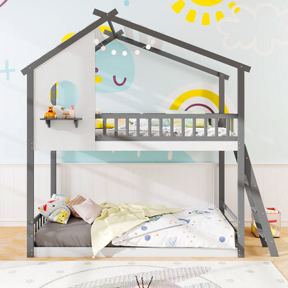 Twin Over Twin House Bunk Bed With Roof, Guardrails, White Gray Bunk Bed Frame at Gallery Canada