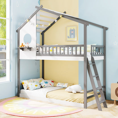 Twin Over Twin House Bunk Bed With Roof, Guardrails, White Gray Bunk Bed Frame at Gallery Canada