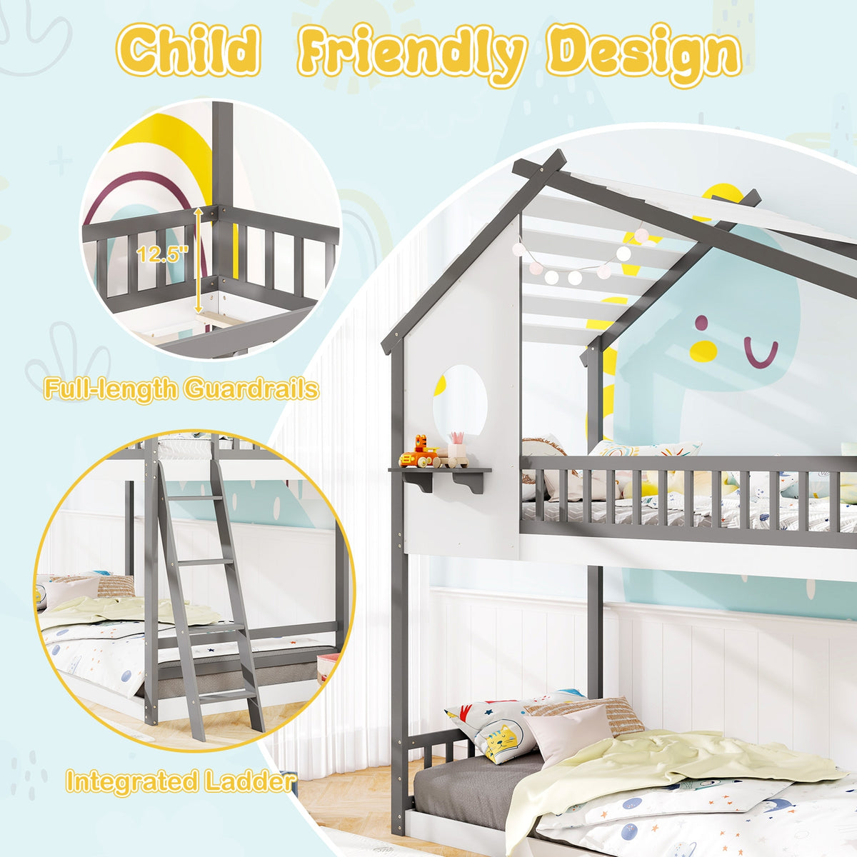 Twin Over Twin House Bunk Bed With Roof, Guardrails, White Gray Bunk Bed Frame at Gallery Canada