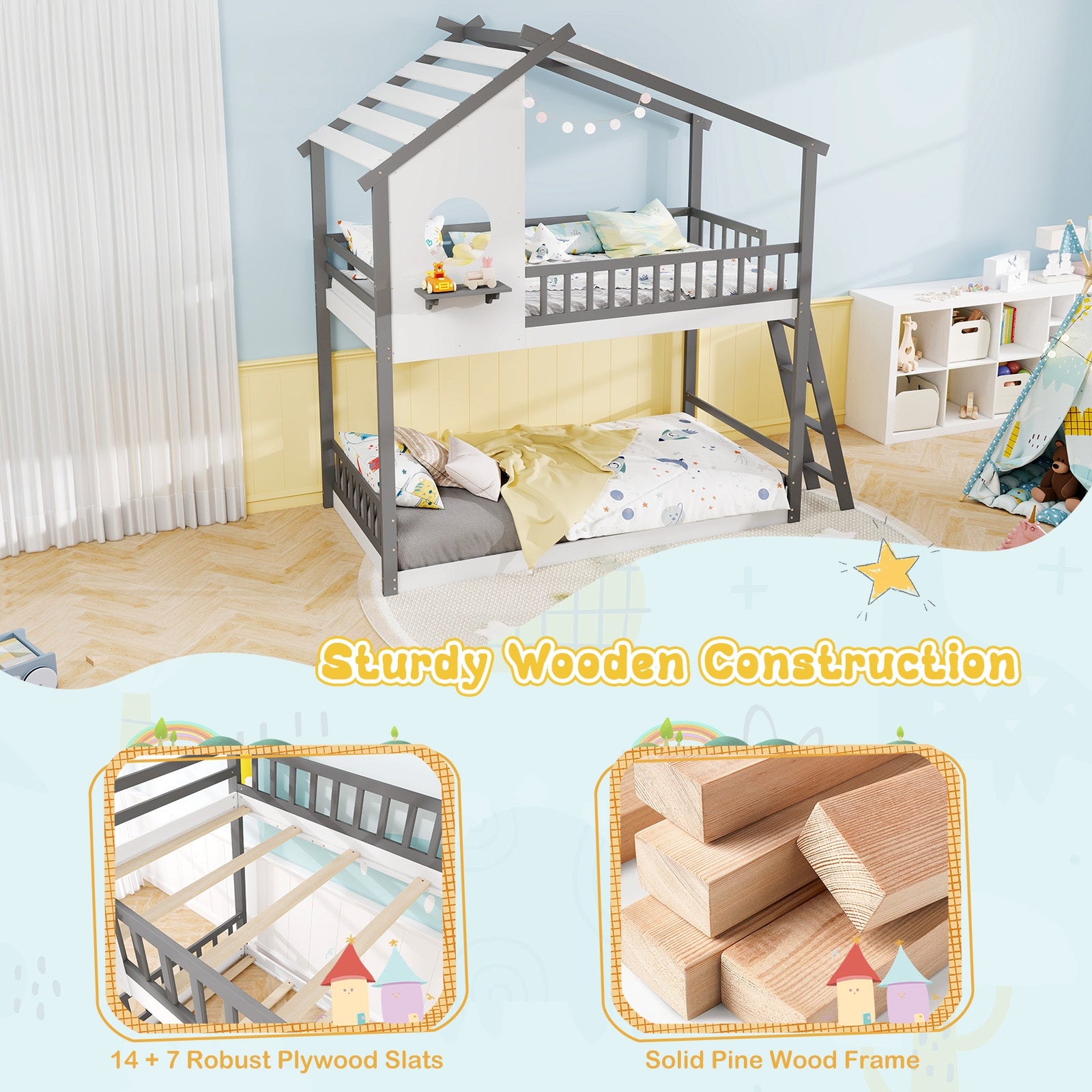 Twin Over Twin House Bunk Bed With Roof, Guardrails, White Gray Bunk Bed Frame at Gallery Canada
