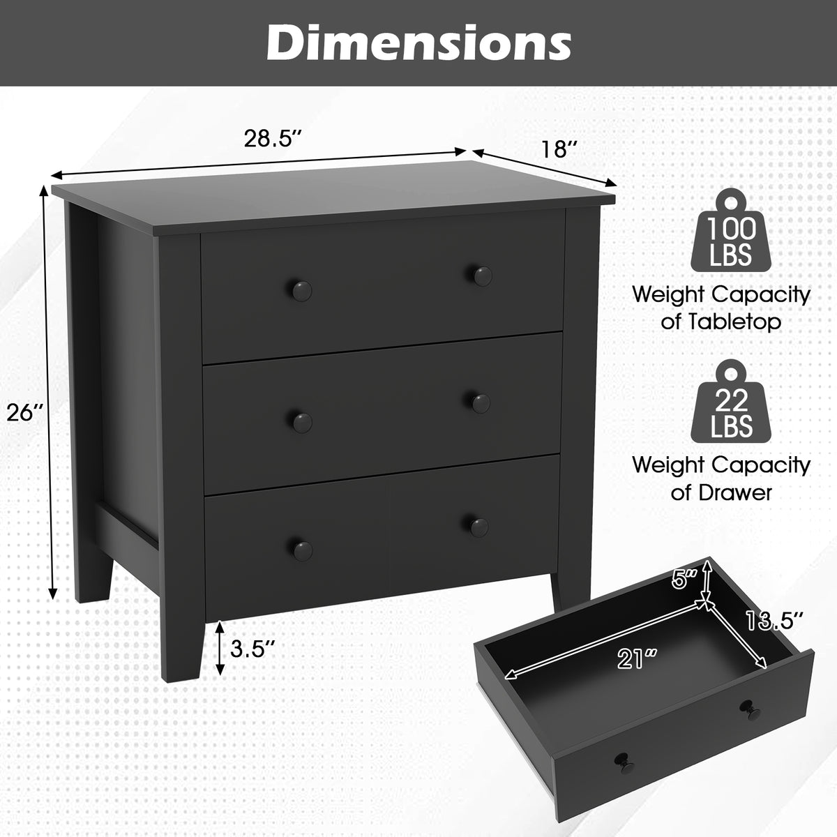 3 Drawer Dresser Chest, Wood Grain, Black Cabinets & Chests at Gallery Canada
