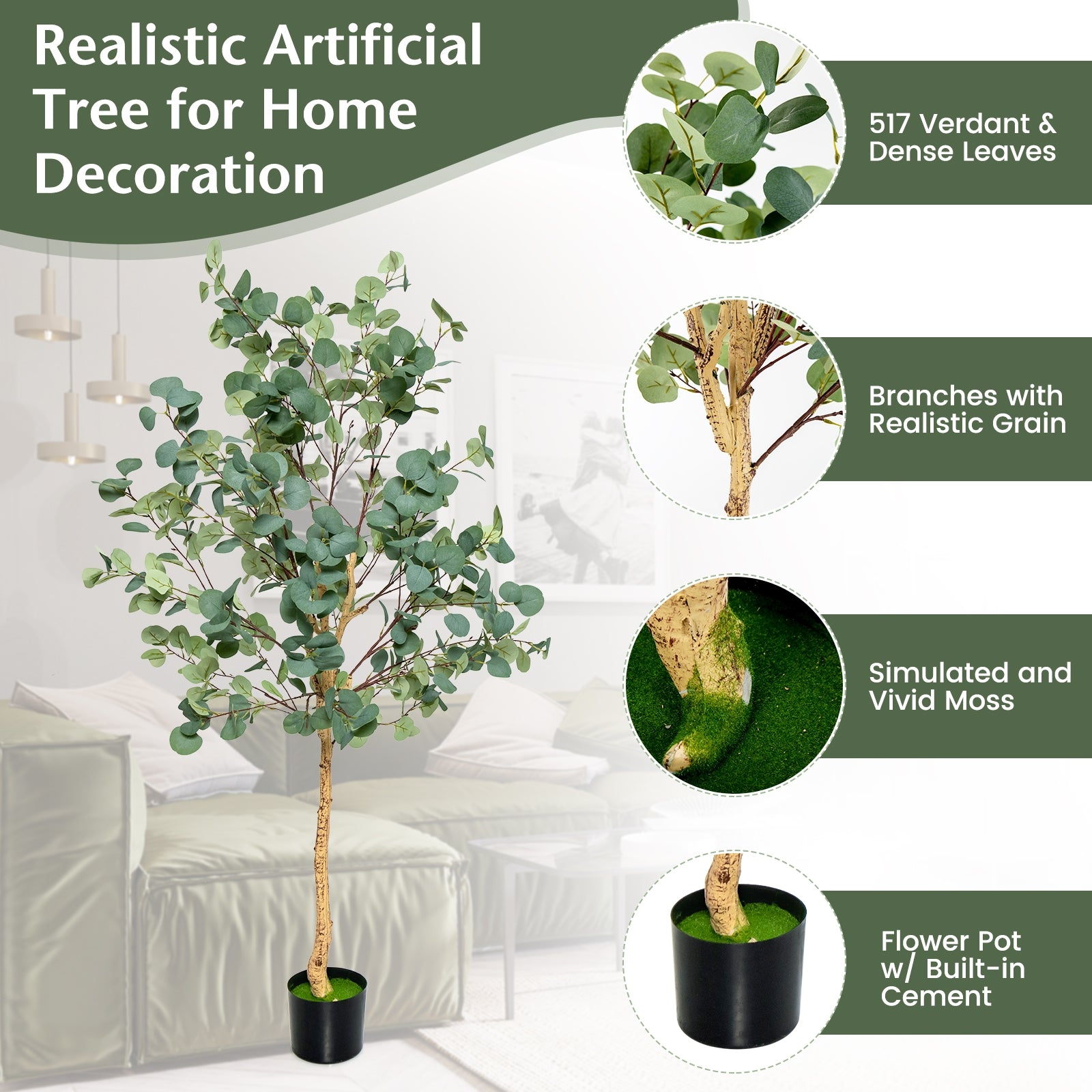 5.5 Feet Artificial Eucalyptus Tree, 517 Silver Dollar Leaves, 2 Piece Faux Plants at Gallery Canada