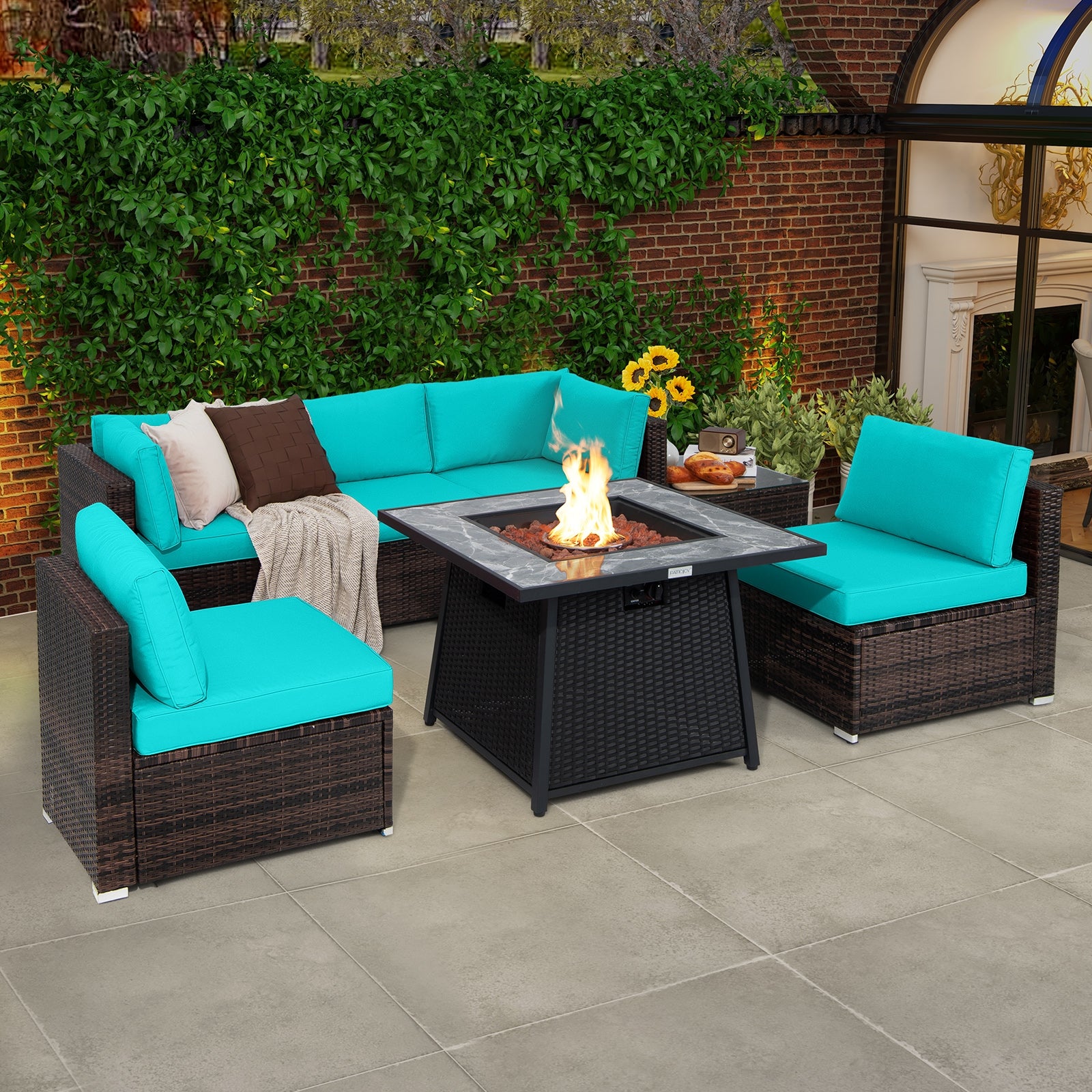 7-Piece Patio Set, 35 Inch 50000 BTU Gas Fire Pit Table, Turquoise Patio Dining Sets at Gallery Canada