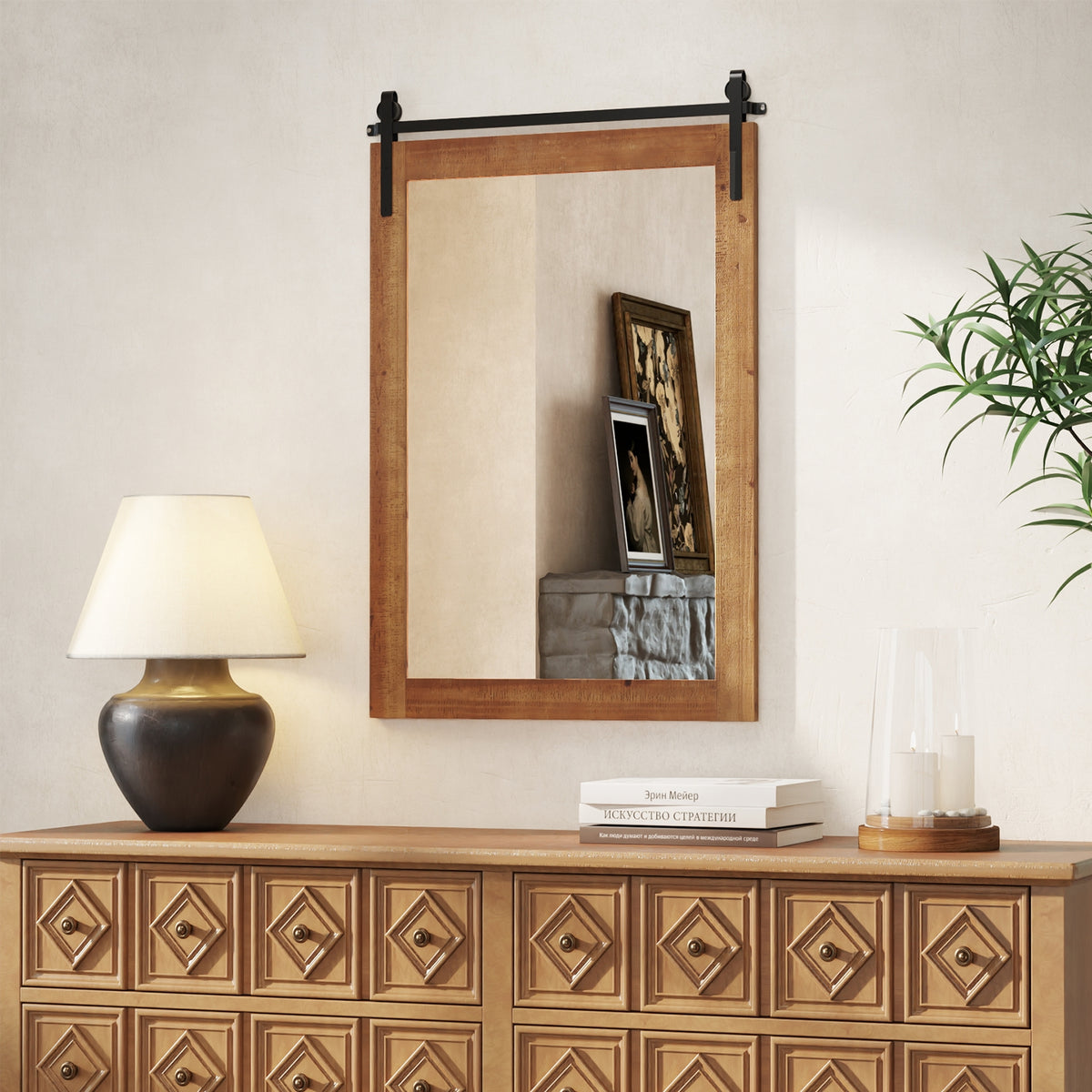 Rustic Wood Frame Barn Door Wall Mirror, Brown Wall Mirrors at Gallery Canada
