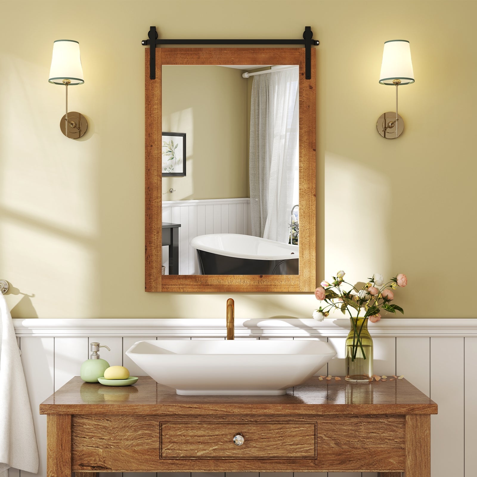 Rustic Wood Frame Barn Door Wall Mirror, Brown Wall Mirrors at Gallery Canada