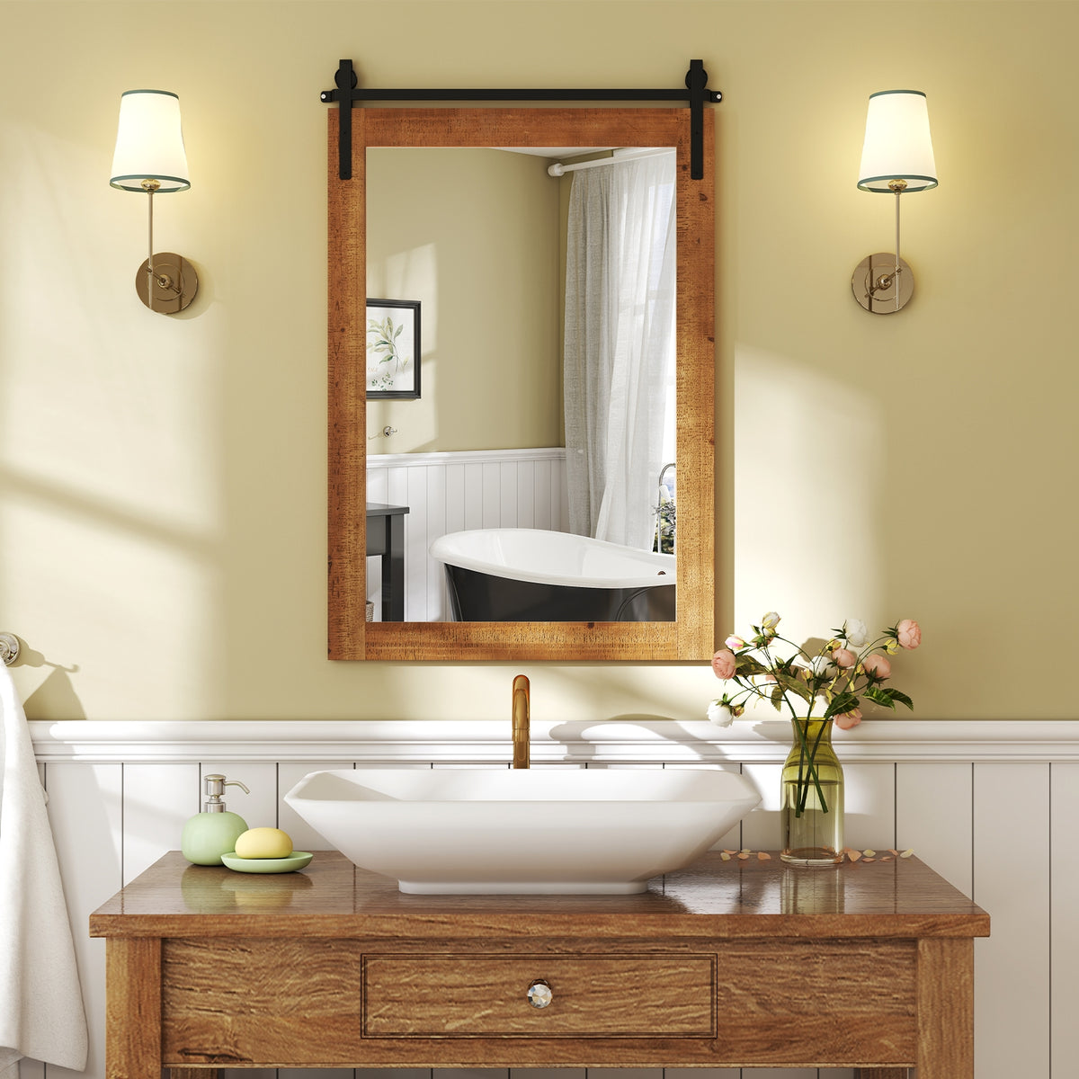 Rustic Wood Frame Barn Door Wall Mirror, Brown Wall Mirrors at Gallery Canada