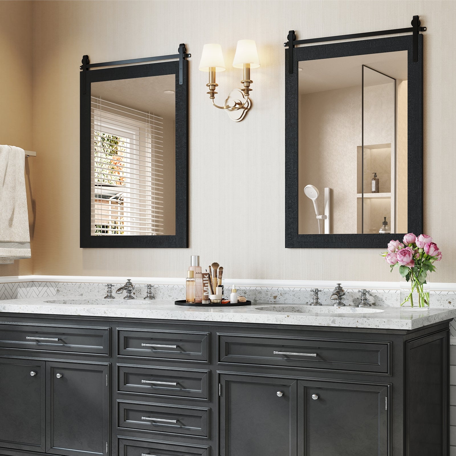 Rustic Wood Frame Barn Door Wall Mirror, Black Wall Mirrors at Gallery Canada