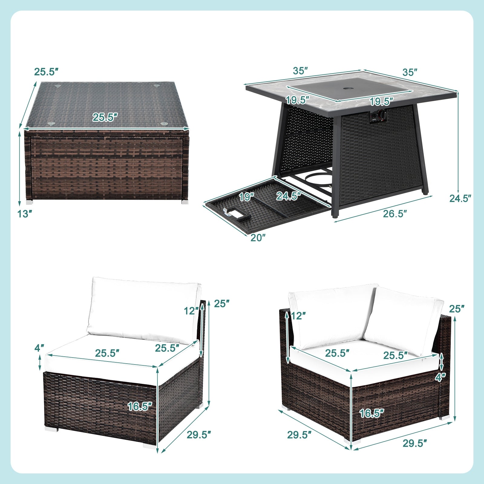 7-Piece Patio Set, 35 Inch 50000 BTU Gas Fire Pit Table, Turquoise Patio Dining Sets at Gallery Canada