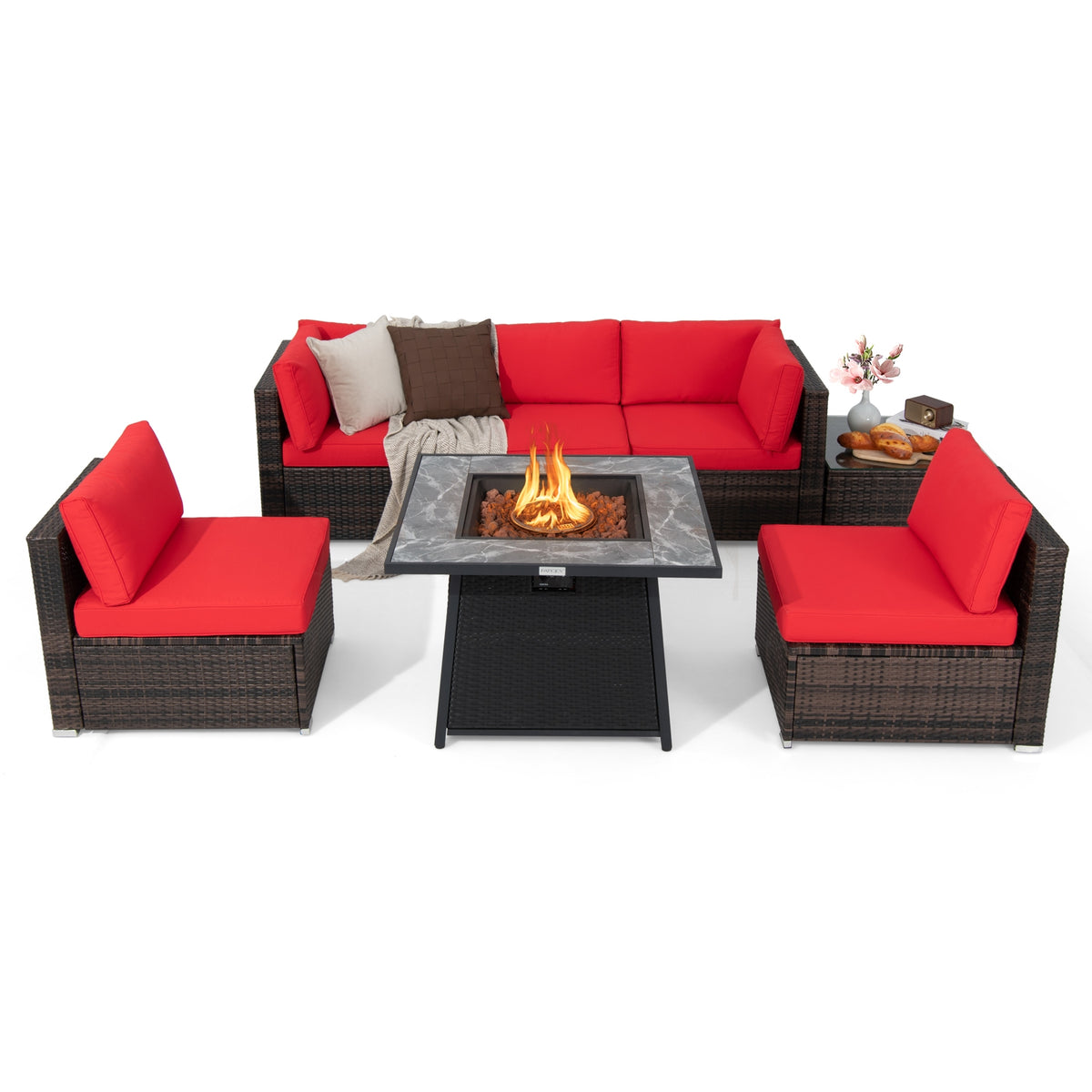 7 Piece Patio Set, 35 Inches 50000 BTU Propane Fire Pit Table, Red Patio Dining Sets at Gallery Canada