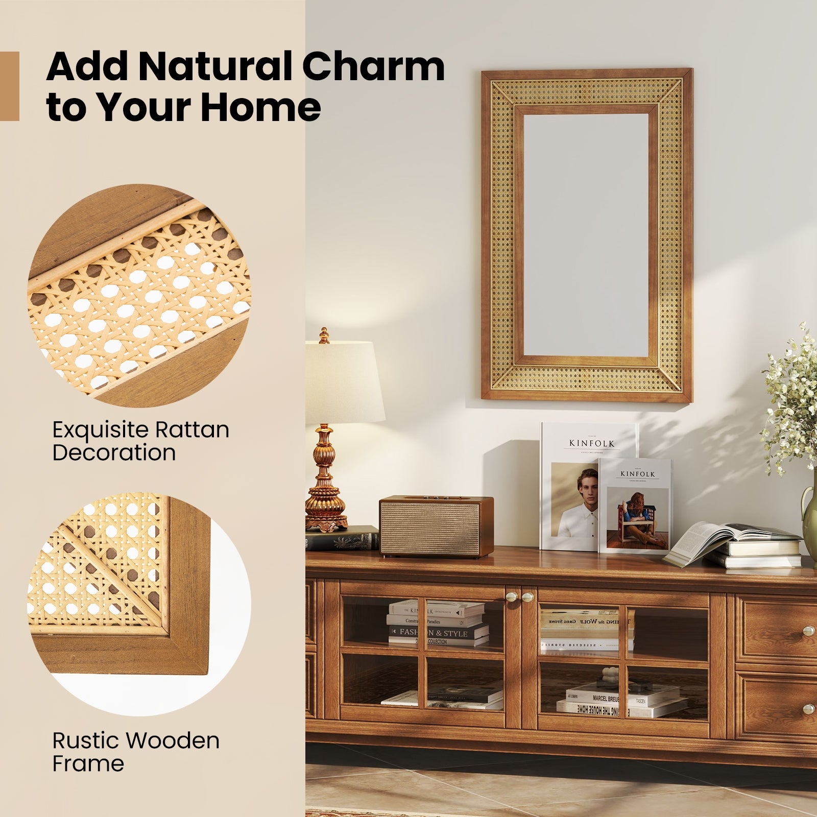 Rattan Decorative Wall Mirror, Wooden Frame, Natural Wall Mirrors at Gallery Canada