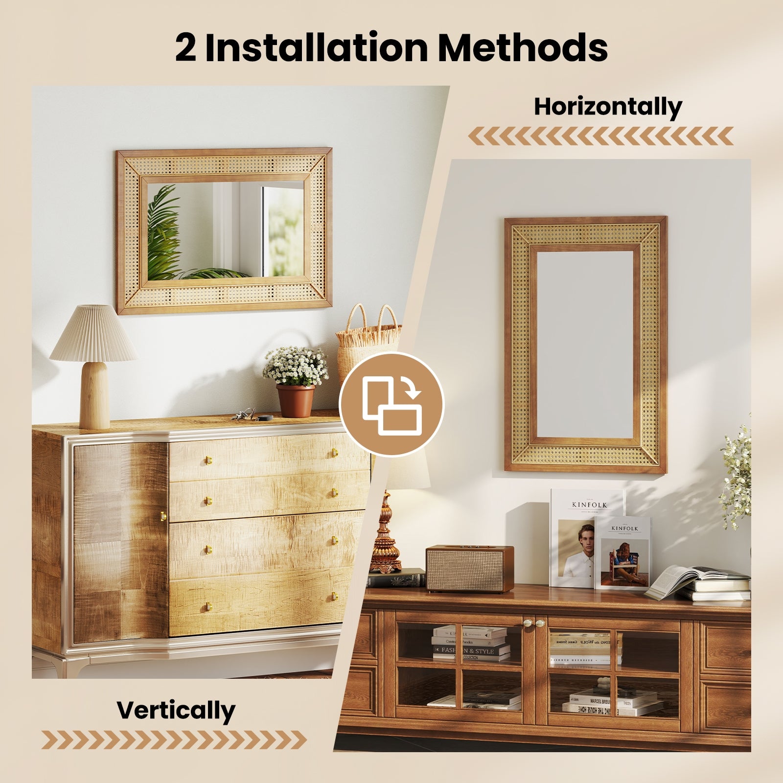 Rattan Decorative Wall Mirror, Wooden Frame, Natural Wall Mirrors at Gallery Canada