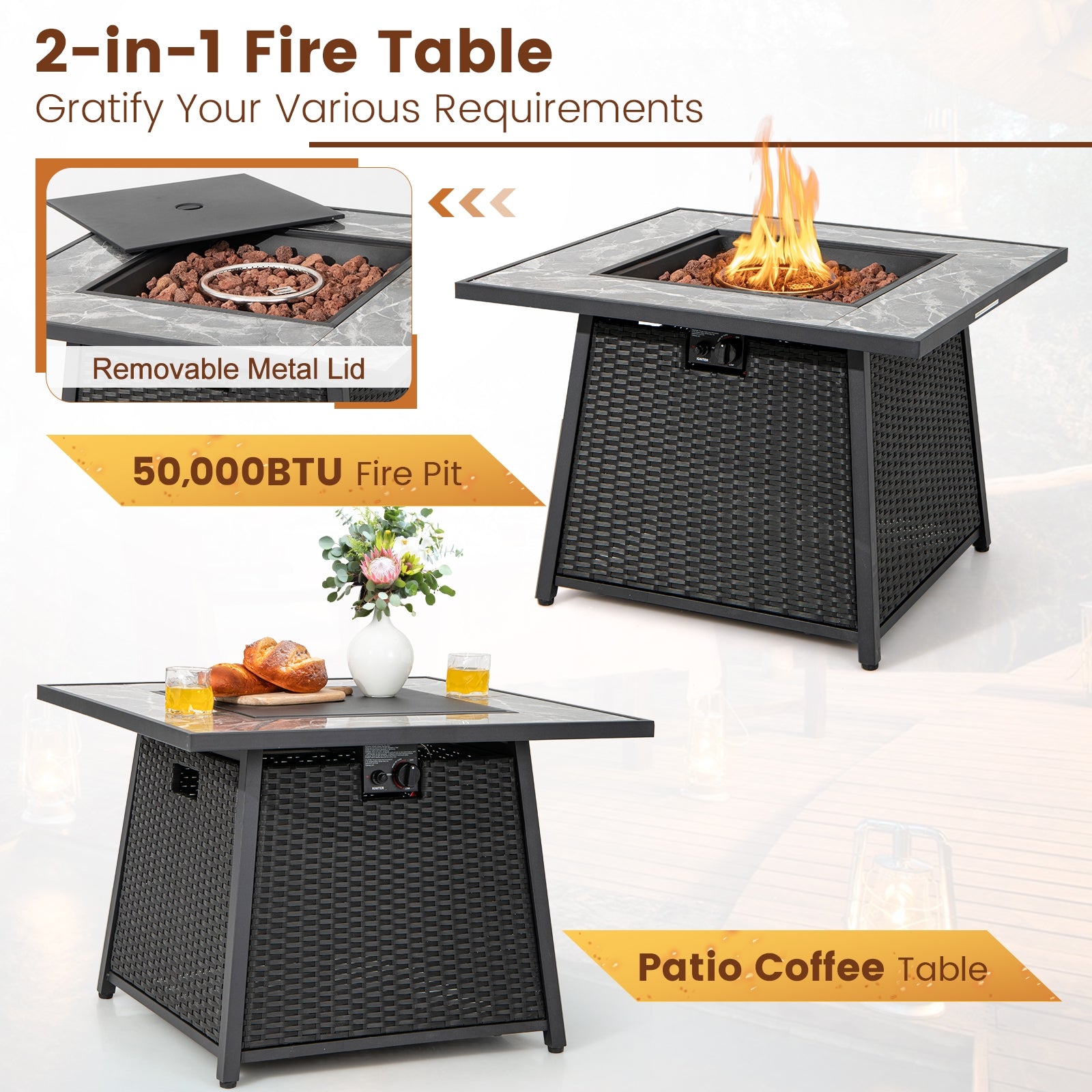 7-Piece Patio Set, 35 Inch 50000 BTU Gas Fire Pit Table, Turquoise Patio Dining Sets at Gallery Canada