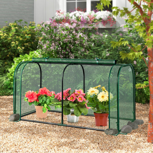 Mini Tunnel Greenhouse, Roll-Up Zipper Door, Green