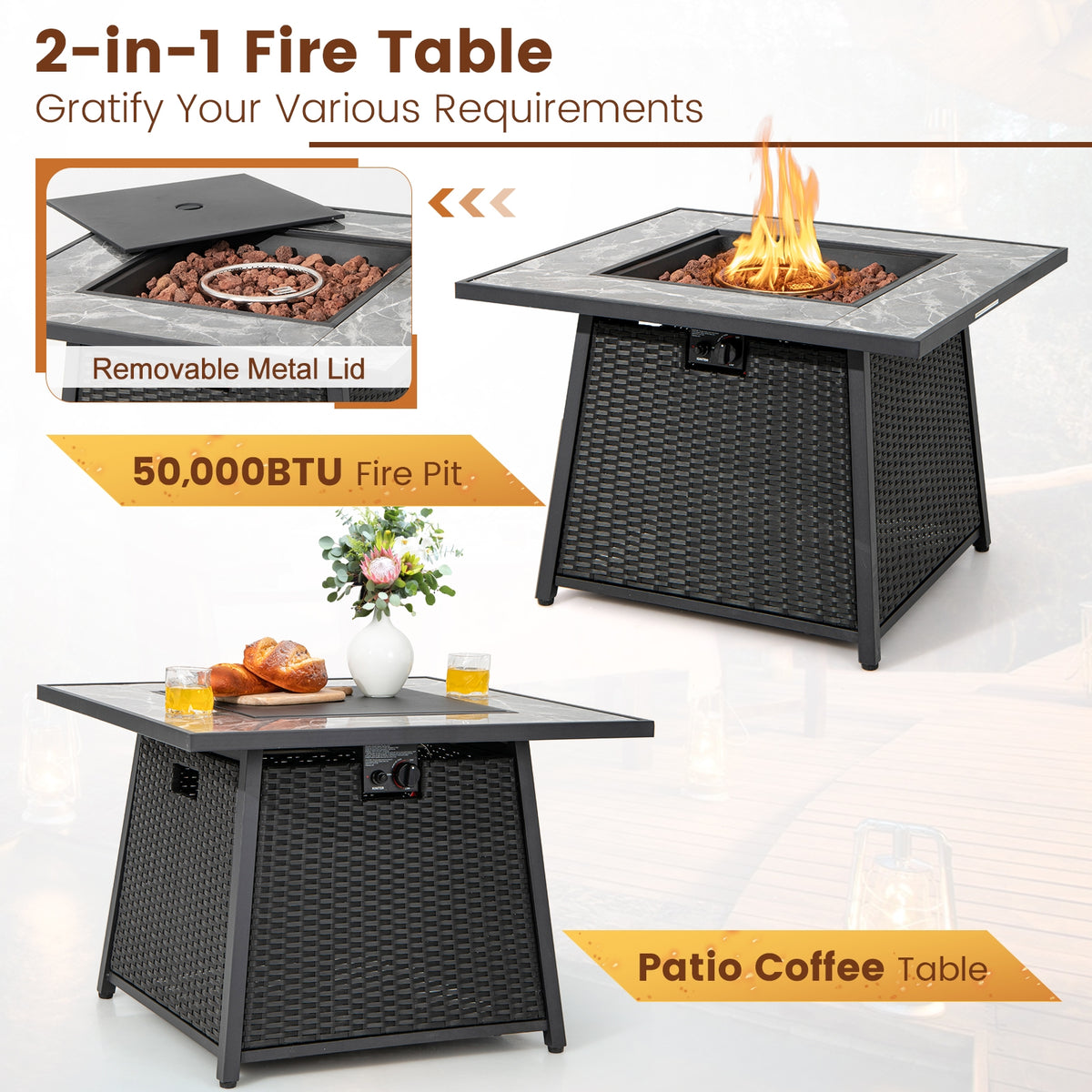 7 Piece Patio Set, 35 Inches 50000 BTU Propane Fire Pit Table, Red Patio Dining Sets at Gallery Canada