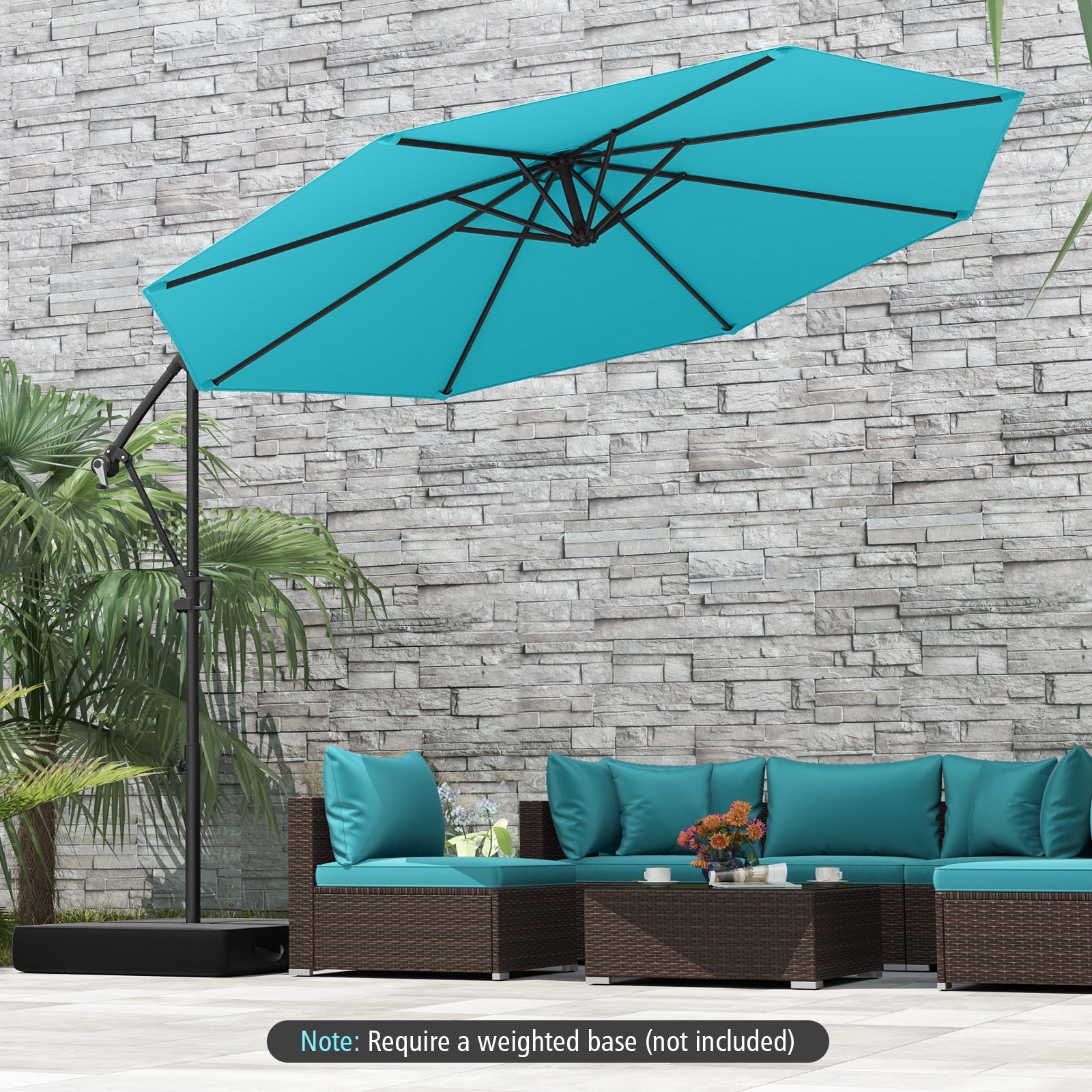 10 Feet Offset Hanging Umbrella, With Base And Tilt, Turquoise Outdoor Umbrellas at Gallery Canada